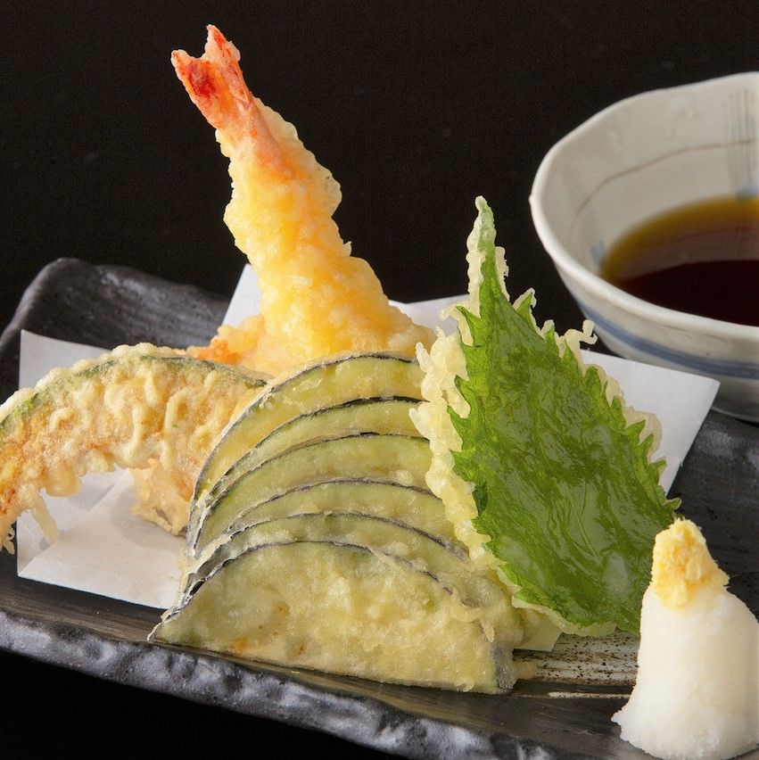 大海老と夏野菜の天婦羅盛り三種